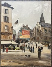 Tableau Ancien Vue de Paris Rue Mouffetard v. 1900 Belle Époque Peinture Signée
