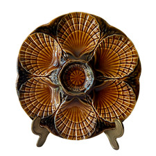 1 French Antique Majolica Oyster Plate SARREGUEMINES Signed Brown Barbotine