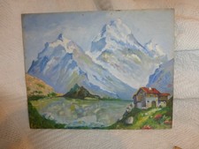 TABLEAU PEINTURE SUR BOIS 1950 PAYSAGE DE MONTAGNE a identifier