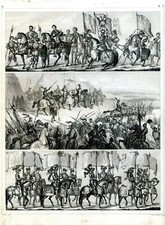 Medieval army, Banner bearers, middle age..antique engraving...1849