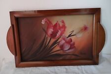 Ancien plateau en bois Fixé Sous  verre signé DOPE,  Décor Aux Tulipes, Art Déco