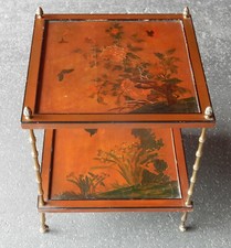 1950/70′ Bout de Canapé Bronze Décor Bambou, Plateau Laque de Chine DLG Baguès