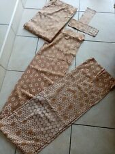 DOUBLE RIDEAUX A RUFLETTE 158X 165 + 77 CM  MARRON BEIGE VINTAGE MOTIF+ EMBRASES