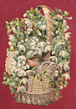 Très Rare Grand Chromo Decoupis. Magnifique Rouge-Gorge Corbeille De Perce-Neuge