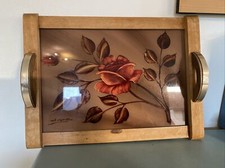 Ancien Plateau Bois Décor Sous Verre Fleur Rose Service Deco Rétro Table 