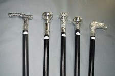 Lot De 5 Canes En Bois Victoriens Avec Poignée En Laiton Antique