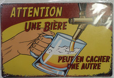 Plaque bois VINTAGE 20x30 ATTENTION UNE BIERE PEUT EN CACHER UNE AUTRE  NVba