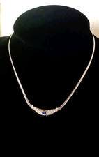 Ancien Collier Saphir Bleu Et Zirconiums Monté Sur Argent Massif 925.