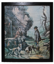 Tableau lithographie J. Monzon Chasseurs avec chiots - Scène de chasse à la p...