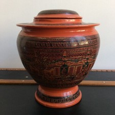 BIRMANIE Ancien Pot à Offrande Laque Rouge Orange