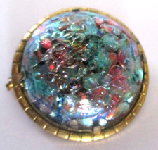 Ancienne broche plaqué or émaux d'art dôme bleu rose unique bijou vintage 2356