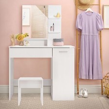 Coiffeuse moderne avec miroir + tabouret de maquillage en MDF blanc 90x38x138 cm