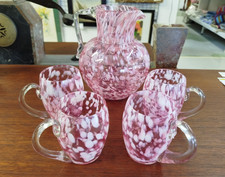 CARAFE + 4 TASSES Verrerie CLICHY Verre Rose Anse Art Table 9,5MAG 04/09
