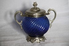 Drageoir bonbonnière verre bleu cobalt métal antique French candy jar