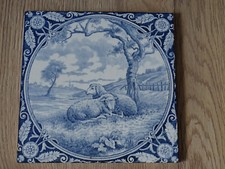 Carreau de faïence de Gien - début XXème - moutons au pied d'un arbre