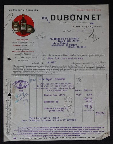 Facture paris 1940 dubonnet - ,