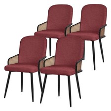 Chaises salle à manger tissu rouge accoudoirs en rotin pieds métal noir lot de 4