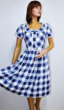 French Vintage 1950/60s blue check cotton short sleeves handmade dress size 10