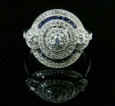 Bague argent 925 plaqué or art deco avec CZ brillant et saphirs calibrés  T57