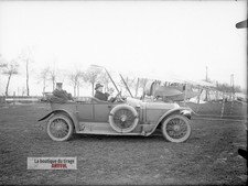 Voiture, avion biplan, civils, plaque verre, photo ancienne, négatif 9x12 cm
