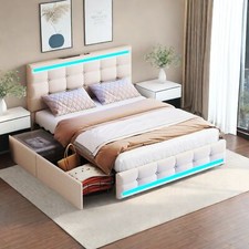 Lit rembourré, lit double, 140x200cm Lit tiroir cadre de lit LED avec USB Prises