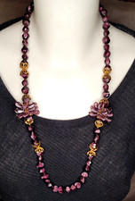 RARE MIRIAM HASKELL collier violet feuilles et perles verre coulé sautoir signé