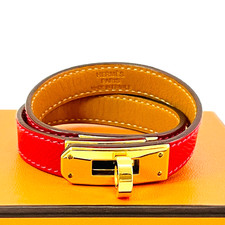 Bracelet HERMES Kelly Double Tour Taille S Cuir Rouge Plaqué Or Authentique