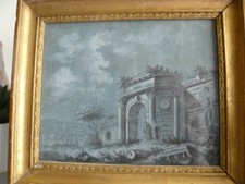 dessin ancien " ruine antique sur papier bleu" encadrée "