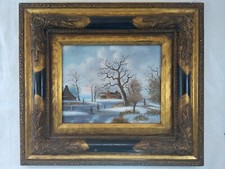 Tableau à Huile sur Panneau Bois "Village Enneigé" Double Cadre à Coins Bouchés 