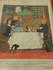 Filet Madère a table chat noir Humour Print 1913