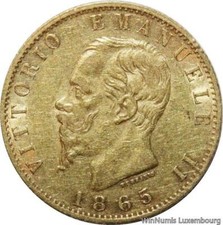 W5224 Rare Italy 20 Lire Victor Emmanuel 1865 T BN Turin Or Gold AU