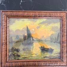 TABLEAU ANCIEN SIGNÉ HERCOURT - MARINE A LA BARQUE ET VOILIERS - CADRE SCULPTÉ