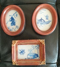 Lot 3 Cadre Broderie Miniature Asiatique pecheur pagode Déco Vintage bleu blanc