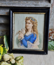 ANCIENNE LITHOGRAPHIE SOUS CADRE JEUNE FILLE AVEC OISEAU