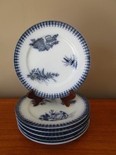 6 Assiettes anciennes de  Longwy  décors japonais bleu oiseaux , insectes ""