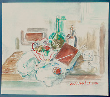Luc Olivier LESIEUR- Aquarelle et Gouache signée, composition à la pipe à tabac