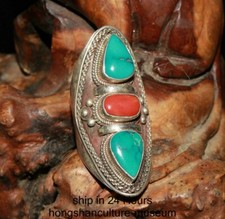 2" Old Tibetan Silver Inlaid Turquoise Gemstone Ring Rings Jewelry