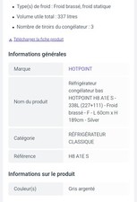 réfrigérateur combiné Hotpoint gris très bon état 