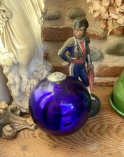 Ancienne grosse boule Bleu Cobalt verre soufflé églomisé mercure Noël Vintage