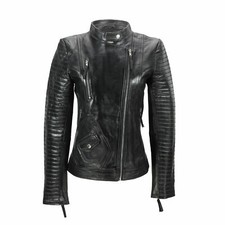 Veste de motard femme en cuir Napa véritable souple style vintage ajusté noir