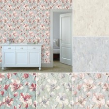 Grandeco Camilla Papier Peint Vinyle Uni Texture Plâtre Floral Magnolia Fleurs