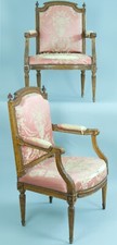 Ancien fauteuil Louis XVI  soie godrons  bois sculpté à Plumet  époque18 ème x 2