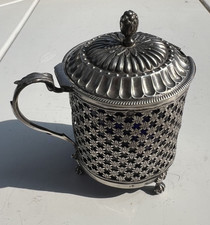 RARE MOUTARDIER EN ARGENT MASSIF POINCON 1 ER COQ PROVINCE 1798 ET VERRE BLEU