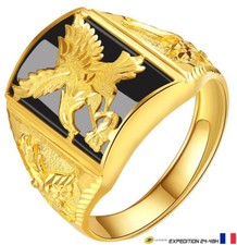 Bague Chevalière Motif Aigle Doré Noir Ajustable Homme Mode Bijoux Modèle 1