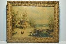 Tableau gravure ancienne chromo lac moulin cadre art noveau style Albert Bredow