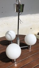 Ancien LUSTRE METAL ALU Brossé SPACE AGE dlg SCIOLARI 3 OPALINES Blanches