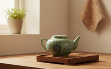 Théière Vintage Chinoise en Céladon avec Motifs et Inscriptions Bleus