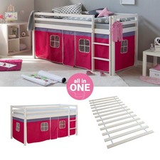 Lit superposé 90x200 Lit d'enfant mezzanine Lattes Bois Rideau Rose Homestyle4u