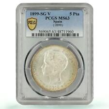 Spain 5 pesetas Regular Coinage Child Alfonso KM-707 MS63 PCGS silver coin 1899