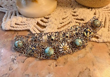 Bracelet floral ancien pierre naturelle turquoise fleurs émail laiton argenté